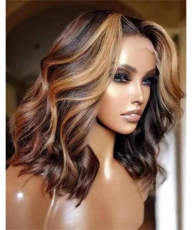 Short Ombre Wigs for Women - 16 Synthetic Lace Front with BrownBlonde Highlights | 180% Density Balayage Hair - Buy Online on GoSupps.com