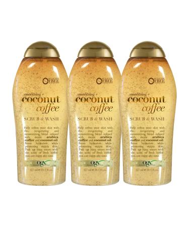 OGX Smoothing + Coconut Coffee Exfoliating Body Scrub with Arabica Coffee & Coconut Oil Moisturizing Body Wash for Dry Skin Free of Paraben With Sulfate-Free Surfactants 19.5 Fl Oz (3 Series Pack)
