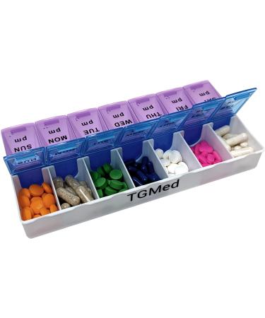 7 Day 2 Times a Day Weekly Daily Pill Organizer Easy Open Color Coded Braille Organize Medication or Vitamins for Morning and Bedtime or AM PM Twice a Day Purple Blue White Pill Box