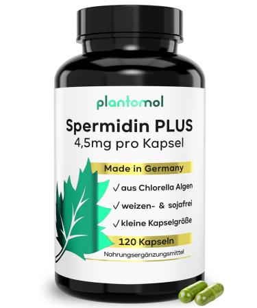 4.5mg spermidine per capsule made of chlorella algae extract - free of wheat germ extract & gluten -free - spermidine plus - spermidine capsules high dose from Plantomol - vegan - 540mg spermidine/dose 120 pieces (1 Pack)