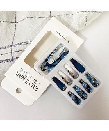 Dark Blue Marble Luxury Coffin Fake Nails - Glitter Wave Rhinestone Design for Women and Girls | Long Press-on Artificial Nails - Buy Online on GoSupps.com