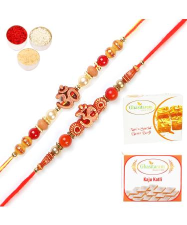 Ghasitaram Gifts Rakhi for Brother Rakhis Online - Set of 2 5504 6037 Om Rakhi Threads with 200 GMS of Besan Barfi and 200 GMS of Kaju Katli