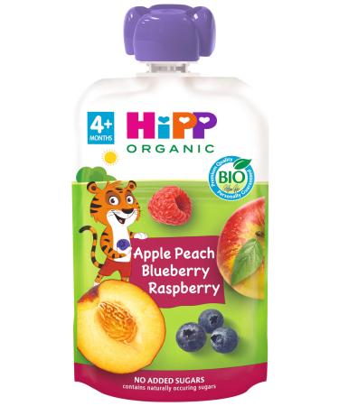 HiPP HiPP Organic - Multi-fruit pouch - Tiger pouches of Peach Apple and Organic Forest Fruits - 100 g - No Added Sugar - Contains