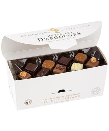 CHEVALIERS D'ARGOUGES French Master Chocolatiers - Assortment of dark chocolates 70%, milk 33% and white - Ballotin tastin