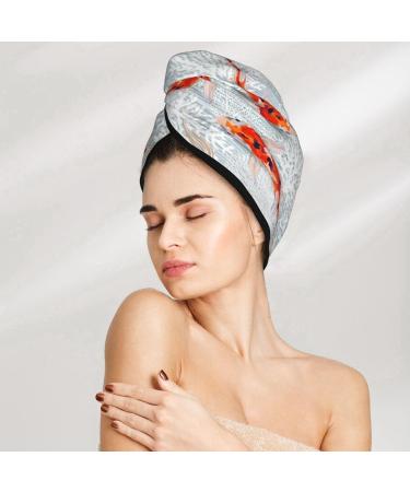Super Absorbent Koi Fish Coral Velvet Microfiber Hair Towel Wrap for Women - Quick Dry Hair Cap for Long Curly & Thick Hair - Buy Online on GoSupps.com