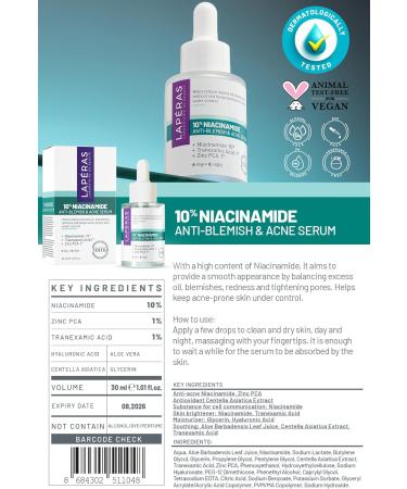 Lap ras 10% Niacinamide%1 Tranexamic Acid%1 Zinc Pca Anti-Blemish Acne Serum Pore Tightening Sebum Balancing Redness Reducing Fragrance Free Paraben Free and Non-Comedogenic 30 ml - Buy Online on GoSupps.com