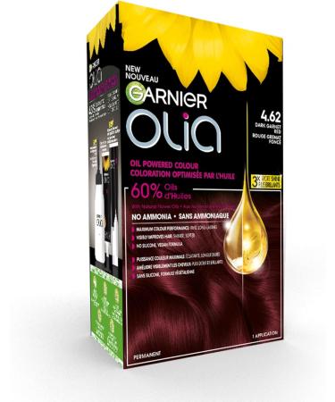 Garnier Olia Permanent Hair Dye Ammonia-Free Hair Color 4.62 Dark Garnet Red Long-Lasting Hair Shine With 60% Oils 1 Application BROWN SHADES 4.62 Dark Garnet Red - Buy Online on GoSupps.com
