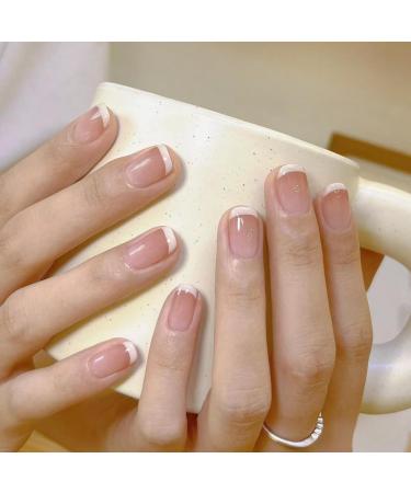 French False Nails Short 24PCS White French Tip False Nails with Glue Stick on Nails for Women Square Press on Nails Short Removable Squoval Nails Fake Nails Glue on Nails for Women