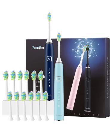 7am2m Electric Toothbrush 2 Pack Set for Kids and Adults 12 Brush Heads 5 Adjustable Modes Built-in 2-minute Smart Timer Wireless Fast Charge for 60 Days IPX7Waterproof SonicToothbrush (Navy & Blue Navy & Light Blue