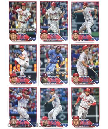 2023 Topps Series 1 Philadelphia Phillies Team Set of 13 Cards: Bryce Harper(#3), Corey Knebel(#28), Kyle Gibson(#96), Alec Bohm(#128), Noah Syndergaard(#145), Darick Hall(#209), Rhys Hoskins(#221), Brandon Marsh(#237), Rhys Hoskins(#248), Mark Appel(#259