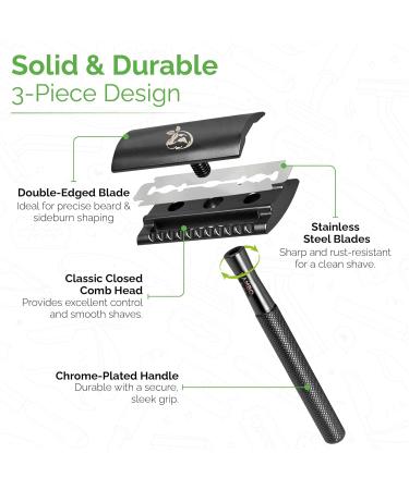 Double Edge Safety Razor | Eco-Friendly Metal Shaver with 10 Platinum Blades | Reusable Travel Friendly | Perfect for Men & Women (Black - Buy Online on GoSupps.com