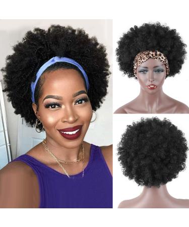 LEOSA Afro Headband Wig Short Afro Kinky Curly Wigs for Black Women Natural Black Glueless Afro Wigs with headbands attached Afro Curly Headband Wigs Synthetic Afro Scarf Wigs for Womens Afro Wigs 1B
