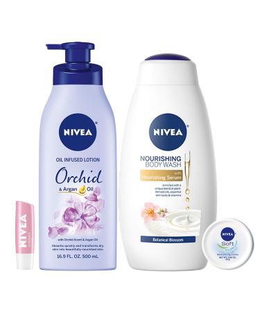 NIVEA In Bloom Variety Pack 4 Piece with Body Lotion Body Wash Lip Balm and Multipurpose Cream