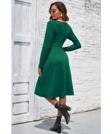OUGES Women's Spring Casual Midi Dress | Long Sleeve V-Neck Floral Wrap Dress | Pockets | Green - Buy Online on GoSupps.com