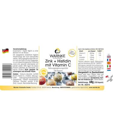 Zinc + Histidine + Vitamin C - High dosage - 300mg Vitamin C & 10mg Zinc per capsule - Vegan - 100 capsules | Warnke Vitalstoffe - Quality from German Pharmacies - Buy Online on GoSupps.com