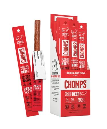 CHOMPS Grass Fed Original Beef Jerky Snack Sticks Keto Paleo Whole30 Approved Non-GMO Gluten Free Sugar Free High Protein 90 Calorie Snacks 1.15 Oz Meat Stick Pack Of 24