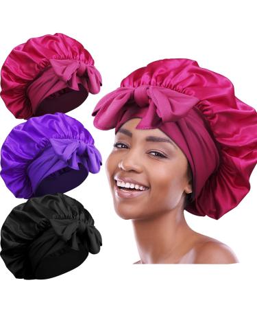 3pcs Satin Bonnets for Black Women  Large Silky Bonnet with Tie Band  Jumbo Braids Bonnet  A Set A- Black  Wine Red  Purple