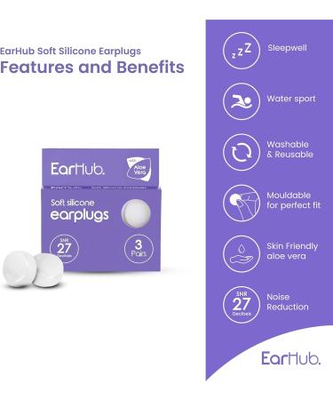 EarHub Sleepwell Soft Premium Silicone Earplugs - Reusable & Custom Fit 3 Pairs for Sleep, Travel, Water Sports, Work, Study & Concerts with Travel Case - Pack of 1 - Buy Online on GoSupps.com
