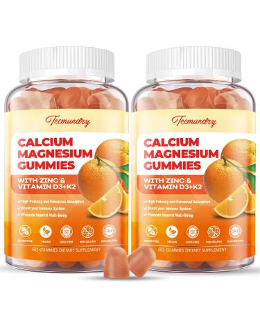 Calcium Magnesium Zinc Gummies with Vitamin D3 & K2 - High Absorption Magnesium Glycinate 400mg - Sugar Free Calcium Supplement - Support Nerve Muscle Mood & Immunity - for Adults Men Women Kids Orange 60 Count (Pack of 2)