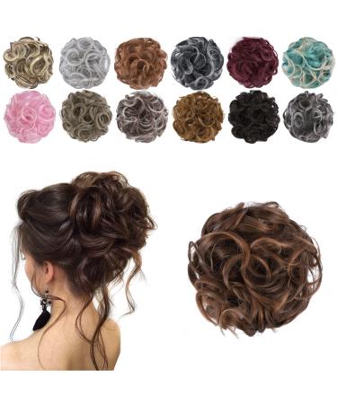 ELAINE Hair Buns Hair Piece Messy Tousled Wavy Curly Scrunchies Wrap Ponytail Extensions With Elastic Rubber Band Synthetic Donut Updo Hairpieces for Women Girls (Dark Brown Tip Light Auburn -#99)