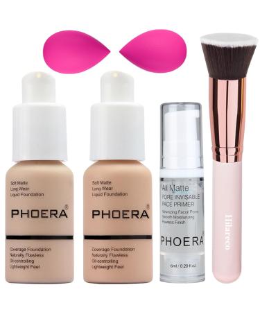PHOERA Foundation PHOERA Makeup for Women PHOERA Matte Liquide Foundation Full Coverage PHOERA Primer PHOERA Concealer Kabuki Makeup Brushes Foundation 2 Makeup Sponge(102 Nude + 103 Warm peach) 0.57 Ounce (Pack of 6) 102+103/Nude+Warm peach