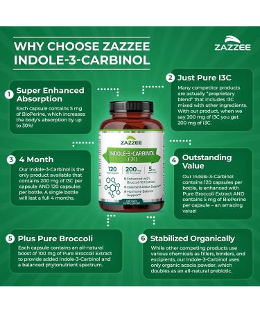 Zazzee High Absorption Indole-3-Carbinol I3C 200 mg per Capsule - 120 Vegan Capsules - 4 Month Supply 5 mg BioPerine for Enhanced Absorption - 100% Vegetarian All-Natural and Non-GMO - Buy Online on GoSupps.com
