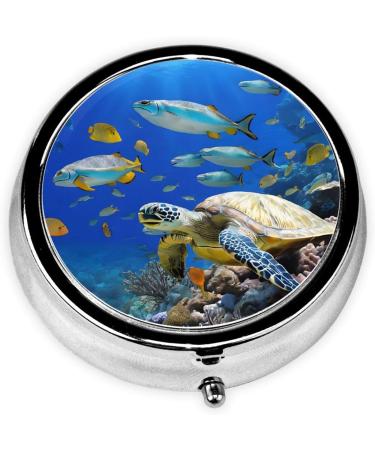 Sea Turtle & Fishes Mini Round Pill Box | 3 Compartment Travel Organizer | Portable Medicine Case for Home & Office Use - Buy Online on GoSupps.com