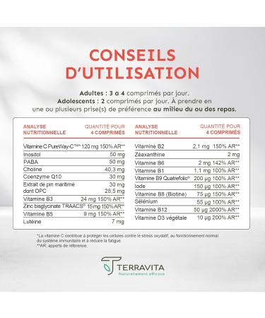 MULTIVITAMINS and Bio-Available Minerals | For Women and Men | With PureWay Patented Vitamin C + Zinc Bisglycinate + Vegetable D3 + Antioxidants | 120 Tablets | Made in France | Terravita - Buy Online on GoSupps.com