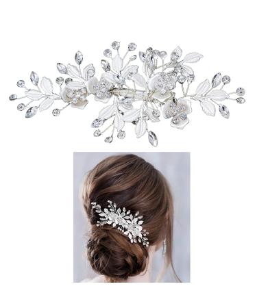 Wedding Hair Clip Rhinestone Bridal Hair Accessories Flower Hair Clip for Bride Bridesmaid Silver Handmade Flower Hair Pins Head Pieces for Women and Girls Hair Piece (Sliver)