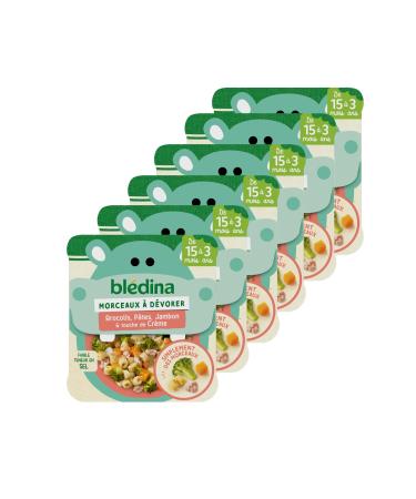 Blédina Devouring Pieces - Small Baby Dishes - Broccoli, Pasta, Ham & Touch of Cream - From 15 Months - Pack of 6 Dishes of 200g