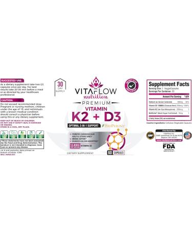 VITAFLOW Nutrition Vitamin K2 and D3 Supplements - 60 Capsules | Supports Better Calcium Absorption and Cardiovascular Health | 30 Day Supply - Buy Online on GoSupps.com