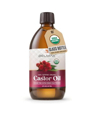 BELMAK Organic Castor Oil Cold Pressed Unrefined USDA Certified & Hexane Free 100% Pure Ricinus Communis Oil for Hair Scalp Brows and Lashes in Amber Glass Bottle (8 oz)