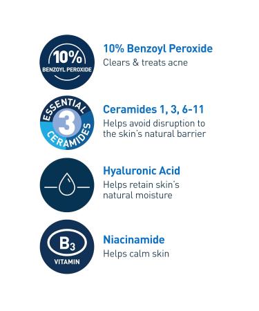 CeraVe Acne Foaming Cream Wash - 10% Benzoyl Peroxide Acne Cleanser Hyaluronic Acid & Niacinamide | Treats Pimples Blackheads & Body Acne - 5 Oz - Buy Online on GoSupps.com