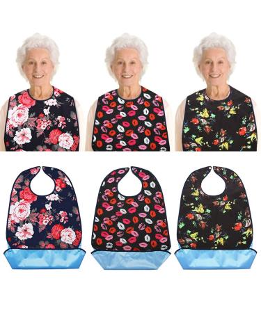 Vlokup 3 Pack Bibs for Eating Women Washable with Crumb Catcher, Rose & Lips A Rose & Lips