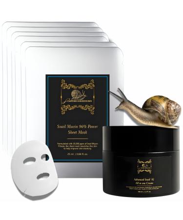SC Sapphire's Snail Mucin Skin Repair Kit: 96% Moisturing Masks Sheets (10 Pack) + Advanced All In One 92% Repair Cream | 90-Day Revitalizing Treatment for Dry Skin Dark Spots and Fine Lines