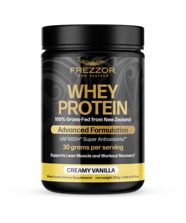 FREZZOR 100% Grass-Fed Whey Vanilla Protein Powder with UAF1000+ Keto Friendly 21.9g Protein BCAAs & EAAs GMO-Free rBGH-Free No Added Sugar/Preservatives Made in New Zealand 300 Grams 1 Count