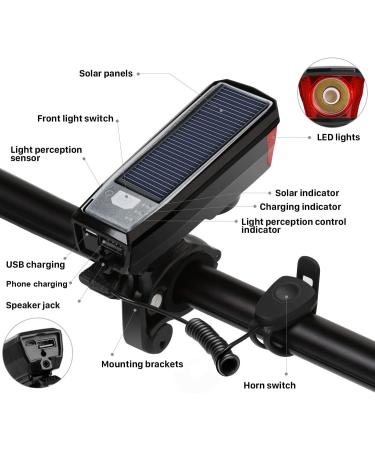 BURNINGSUN Bike Light Set & Horn - Solar Powered USB Rechargeable 4 Mode Headlight Taillight Combo for Cycling Safety + LED Speaker Bell - Buy Online on GoSupps.com