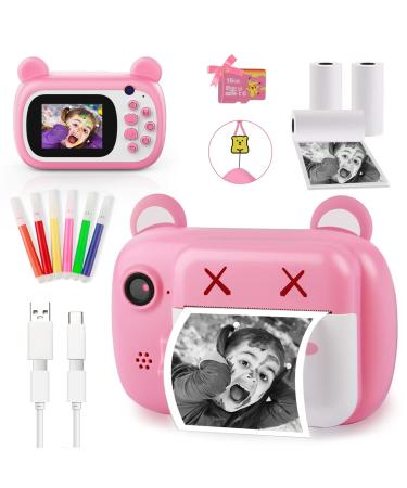 Instant Print Camera for Kids - Bearbrick Selfie Kids Camera with Zero Ink | Dual Lens | 1080P HD | 2.4 Inch | 1000 mAh | 3 Rolls Print Paper Camera for Girls Boys Age 3-12 Birthday Pink