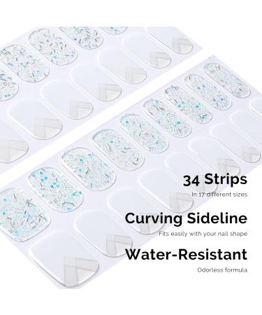 NAILOG Semi Cured Gel Nail Strips - 34 pcs Salon-Quality Long Lasting Nail Wraps with Soft Gel Finish - White French Tip Silver Glitter Quartz - Buy Online on GoSupps.com