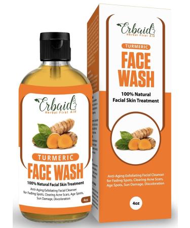 Erbaid Turmeric Face Wash  4oz Clear Skin Liquid Soap   100% Natural Exfoliating Turmeric Facial Cleanser   Turmeric Brightening Soap Skin Detox Treatment Made in USA