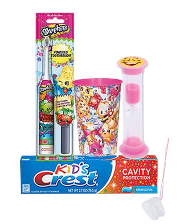 Shopkin 4pc. Bright Smile Oral Hygiene Set! Shopkins Turbo Powered Toothbrush, Crest Kids Sparkling Toothpaste, 2 Minute Timer & & Mouthwash Rinse Cup! Plus Bonus"Remember to Brush" Visual Aid!