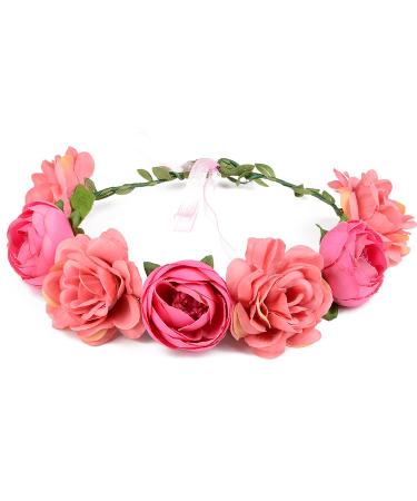 Flower Crown Rose Peony Garland Headband Hair Wreath Floral Headpiece with Adjustable Ribbon Wedding Festival Party (pink)