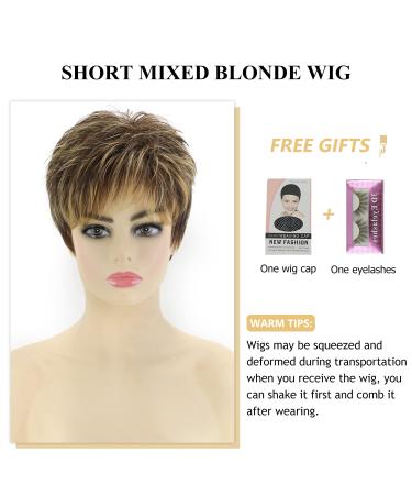 SEVENCOLORS Short Dark Brown Mixed Blonde Highlight Pixie Cut Wig with Bangs - Synthetic Layered Natural Hair Replacement for Women - Buy Online on GoSupps.com