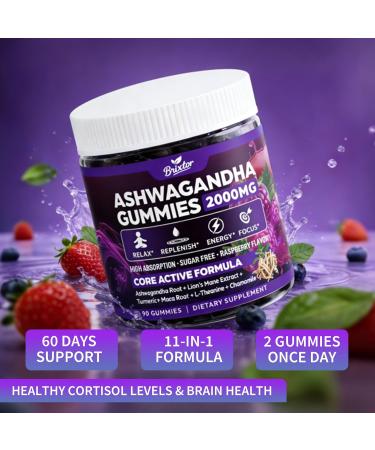 Ashwagandha Gummies - 2000MG Organic Ashwagandha & Lions Mane Gummies for Adults with Vitamin D3 B12 L-Theanine Cortisol Supplements for Women & Men Sugar-Free Vegan Berry Flavor - 90 Counts - Buy Online on GoSupps.com