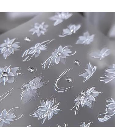 White Flower Nail Art Stickers Decals 5D Embossed Nail Decals Self Adhesive Diamond Flower Nails Stickers Spring Flower Nails Transfer Decals Floral Nails Supplies for Women Nail Art Decorations 1pc Style 5