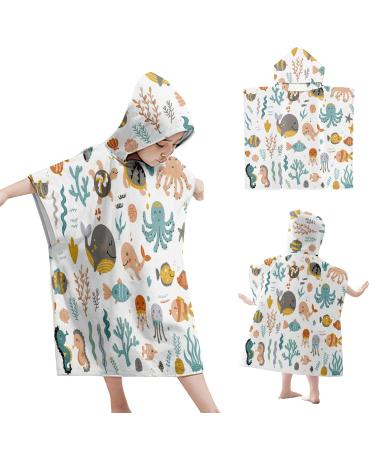 Gukasxi hoods bathing poncho bathing towel child poncho towel 65 x 75 cm bathing poncho boys girl bathing towel robe with hood swimming poncho suction -capable hooded towel for beach swimming shower colorful sea animals