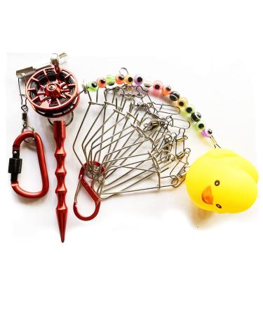 SRRPS PIGEON Fish Stringer with Reel Steel Wire Float Fishing Stringer with 10 Stainless Steel Snaps Fish Lock RED