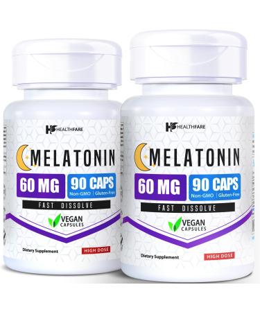 HealthFare Melatonin 60mg | Pack of 2 | 90 Veg Capsules Each | High-Strength Formula | Vegetarian Non-GMO Gluten-Free | Made in The USA