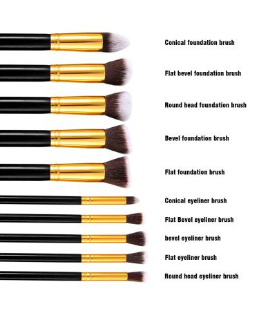 Jewelrywe 10-Piece Professional Makeup Brush Set | Real Wood & Synthetic Hair | Gold & Black | Perfect for Cosmetics & Professional Use - Buy Online on GoSupps.com