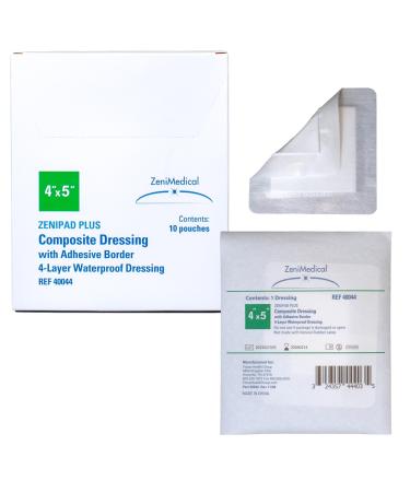 ZeniPad Plus (4" x 4") Multi-Layer Composite Wound Dressing with Adhesive Fabric Tape Border - Sterile Latex-Free Waterproof Dressing for Wounds 10/Box 4 x 4 Inch